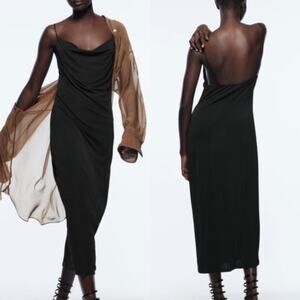 ZARA Classic Black Satin Midi Slip Dress Size M